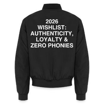 Wunschliste 2026: Authentizität & Loyalität - Unisex Bomberjacke - Schwarz - Hinten - AI Model Male 185 light (185cm)