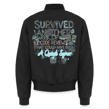 Überstanden: Noch eine Code-Review-Woche - Unisex Bomberjacke - Schwarz - Hinten - AI Model Male 185 light (185cm)