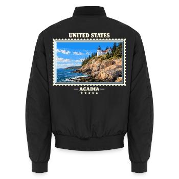 Vereinigte Staaten Acadia Vintage Reisemarke - Unisex Bomberjacke - Schwarz - Hinten - AI Model Male 185 light (185cm)