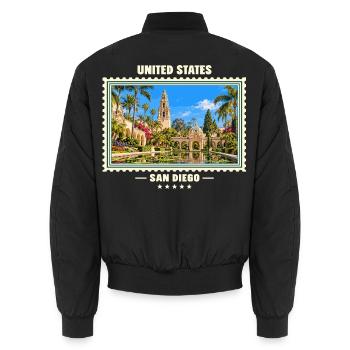 Vereinigte Staaten San Diego Vintage Reisemarke - Unisex Bomberjacke - Schwarz - Hinten - AI Model Male 185 light (185cm)