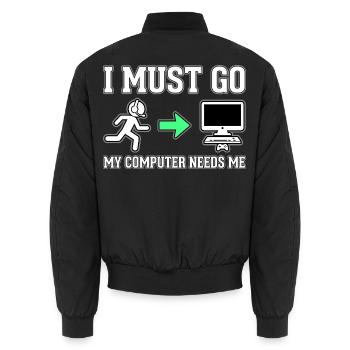 Ich muss gehen, mein Computer braucht mich - Unisex Bomberjacke - Schwarz - Hinten - AI Model Male 185 light (185cm)