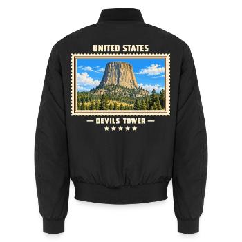 Vereinigte Staaten Devils Tower Vintage Reisemarke - Unisex Bomberjacke - Schwarz - Hinten - AI Model Male 185 light (185cm)