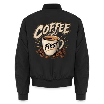 Coffee First Tasse Illustration - Unisex Bomberjacke - Schwarz - Hinten - AI Model Male 185 light (185cm)