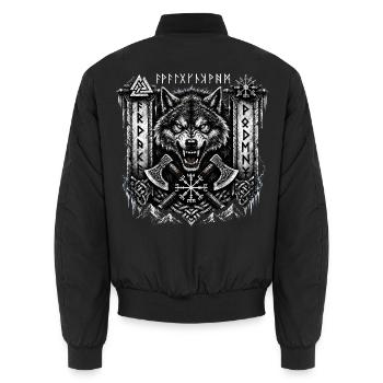 Fenrir Wolf mit Runen und Äxten – Noventra - Unisex Bomberjacke - Schwarz - Hinten - AI Model Male 185 light (185cm)