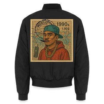 POSTSTEMPELJAHR 1990 - Unisex Bomberjacke - Schwarz - Hinten - AI Model Male 185 light (185cm)