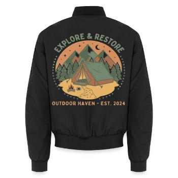 Entdecken & Ausruhen: Outdoor Zelt - Unisex Bomberjacke - Schwarz - Hinten - AI Model Male 185 light (185cm)