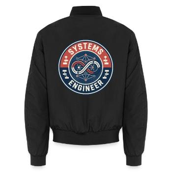 Vintage Systems Engineer Netzwerk-Flussdiagramm-Abzeichen - Unisex Bomberjacke - Schwarz - Hinten - AI Model Male 185 light (185cm)