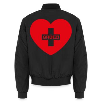 Grüezi (Herz / Schweizerkreuz / Schweiz / 1C) - Unisex Bomberjacke - Schwarz - Hinten - AI Model Male 185 light (185cm)