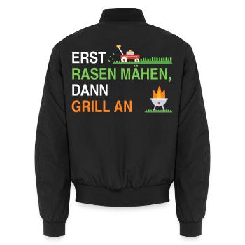 Erst Rasen mähen, dann Grill an – Gärtner Spruch - Unisex Bomberjacke - Schwarz - Hinten - AI Model Male 185 light (185cm)
