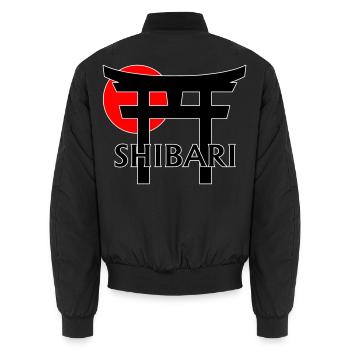 Shibari unter Torii und roter Sonne (schwarz) - Unisex Bomberjacke - Schwarz - Hinten - AI Model Male 185 light (185cm)