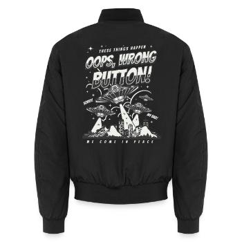Gaming Ufo Shirt - Oops Wrong Button Grafik - Unisex Bomberjacke - Schwarz - Hinten - AI Model Male 185 light (185cm)