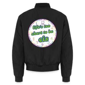 Das Leben ist zu kurz, um cis zu sein (Regenbogen) - Unisex Bomberjacke - Schwarz - Hinten - AI Model Male 185 light (185cm)