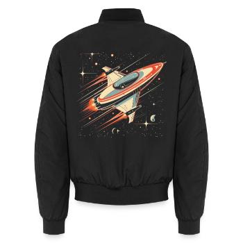 Retro-futuristisches weiß-orangefarbenes Raumschiff bewegt sich - Unisex Bomberjacke - Schwarz - Hinten - AI Model Male 185 light (185cm)