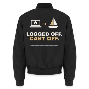 Logged Off. Cast Off. – Segler Shirt - Unisex Bomberjacke - Schwarz - Hinten - AI Model Male 185 light (185cm)