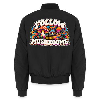 Follow the Mushrooms – Psychedelischer Pilztraum - Unisex Bomberjacke - Schwarz - Hinten - AI Model Male 185 light (185cm)