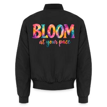 Bloom at your pace – Bunter Aquarell-Spruch - Unisex Bomberjacke - Schwarz - Hinten - AI Model Male 185 light (185cm)