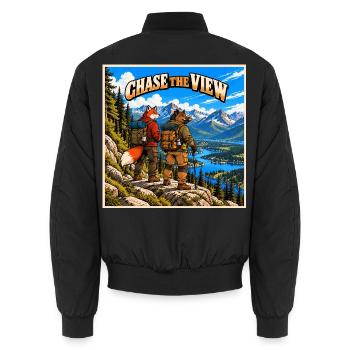 Fuchs und Wildschwein auf einer Wanderung – Wildes Abenteuer - Unisex Bomberjacke - Schwarz - Hinten - AI Model Male 185 light (185cm)