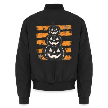 Halloween-Kürbisse auf orangefarbenen Streifen - Unisex Bomberjacke - Schwarz - Hinten - AI Model Male 185 light (185cm)