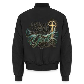 Wenn die Welt laut wird, Gott bleibt nah - Unisex Bomberjacke - Schwarz - Hinten - AI Model Male 185 light (185cm)