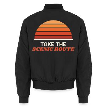 Take the Scenic Route – Retro Sonnenuntergang - Unisex Bomberjacke - Schwarz - Hinten - AI Model Male 185 light (185cm)