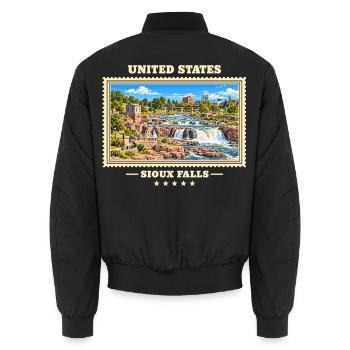 Vereinigte Staaten Sioux Falls Vintage Reisemarke - Unisex Bomberjacke - Schwarz - Hinten - AI Model Male 185 light (185cm)