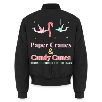 Papierkraniche und Zuckerstangen-Weihnachtsorigami - Unisex Bomberjacke - Schwarz - Hinten - AI Model Male 185 light (185cm)