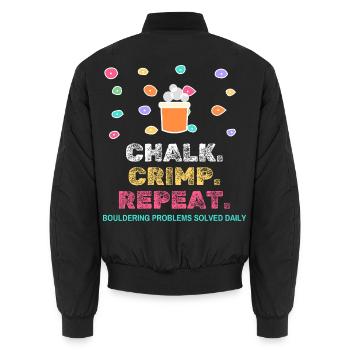 Chalk Crimp Repeat Bouldering Klettern - Unisex Bomberjacke - Schwarz - Hinten - AI Model Male 185 light (185cm)