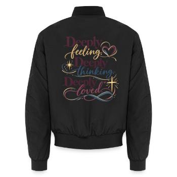 Tief fühlen, Tief denken, Tief geliebt - Unisex Bomberjacke - Schwarz - Hinten - AI Model Male 185 light (185cm)