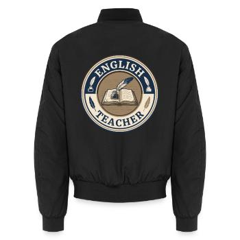Vintage Englischlehrer-Hardcover-Buchdeckel mit Feder - Unisex Bomberjacke - Schwarz - Hinten - AI Model Male 185 light (185cm)
