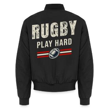Rugby Spiel hart | Passion Oval Ball - Unisex Bomberjacke - Schwarz - Hinten - AI Model Male 185 light (185cm)
