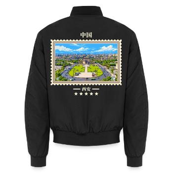 China Xi'an Vintage Reisemarke - Unisex Bomberjacke - Schwarz - Hinten - AI Model Male 185 light (185cm)