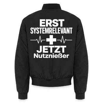erst systemrelevant, jetzt Nutznießer - Unisex Bomberjacke - Schwarz - Hinten - AI Model Male 185 light (185cm)