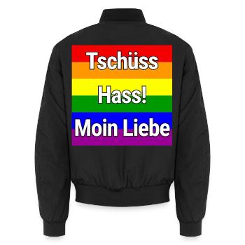 TSCHÜSS HASS MOIN LIEBE REGENBOGEN STATEMENT SHIRT - Unisex Bomberjacke - Schwarz - Hinten - AI Model Male 185 light (185cm)