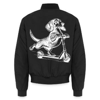 Dackel auf dem Tretroller – Vintage-Stil - Unisex Bomberjacke - Schwarz - Hinten - AI Model Male 185 light (185cm)