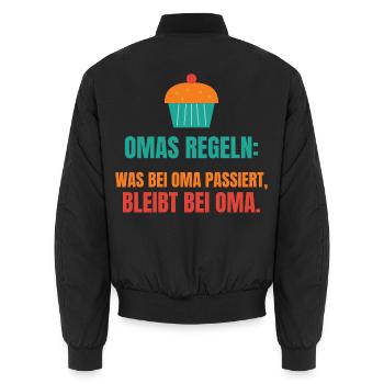 Omas Regeln: Was bei Oma passiert, bleibt bei Oma - Unisex Bomberjacke - Schwarz - Hinten - AI Model Male 185 light (185cm)
