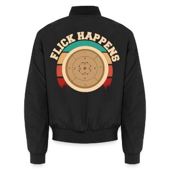 Flick Happens – Crokinole Spieler Retro Design - Unisex Bomberjacke - Schwarz - Hinten - AI Model Male 185 light (185cm)