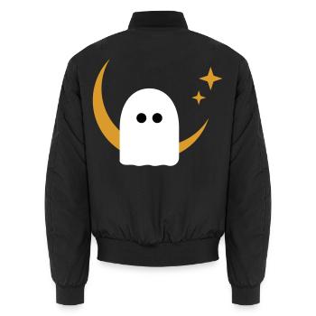 Moon Ghost Badge – Minimal Line‑Art T‑Shirt | Weiß - Unisex Bomberjacke - Schwarz - Hinten - AI Model Male 185 light (185cm)
