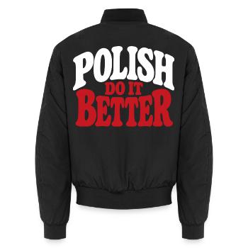 Polnischer Spruch in Rot und Weiß - Unisex Bomberjacke - Schwarz - Hinten - AI Model Male 185 light (185cm)