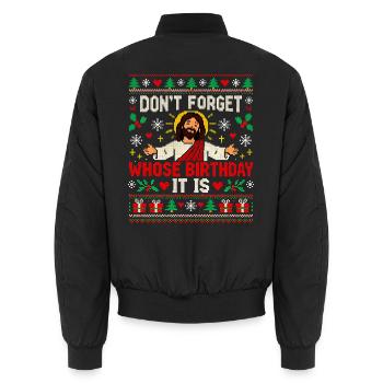 Weihnachtspullover Jesus Geburtstag nicht vergessen - Unisex Bomberjacke - Schwarz - Hinten - AI Model Male 185 light (185cm)