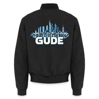 Blauer Frankfurter Skyline Stadtgrafik GUDE - Unisex Bomberjacke - Schwarz - Hinten - AI Model Male 185 light (185cm)