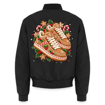 Weihnachtliche Lebkuchen-Sneaker mit Zuckerstangen - Unisex Bomberjacke - Schwarz - Hinten - AI Model Male 185 light (185cm)