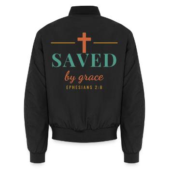 Saved By Grace – Ephesians 2:8 Christian - Unisex Bomberjacke - Schwarz - Hinten - AI Model Male 185 light (185cm)