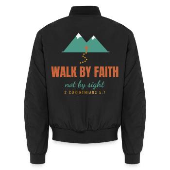 Walk By Faith Not By Sight – 2 Corinthians 5:7 - Unisex Bomberjacke - Schwarz - Hinten - AI Model Male 185 light (185cm)