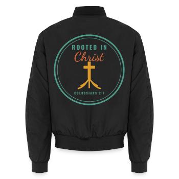 Rooted in Christ – Colossians 2:7 Christian - Unisex Bomberjacke - Schwarz - Hinten - AI Model Male 185 light (185cm)