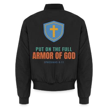 Put On The Full Armor Of God – Ephesians 6:11 - Unisex Bomberjacke - Schwarz - Hinten - AI Model Male 185 light (185cm)