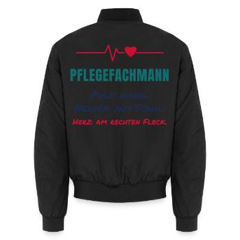 Pflegefachmann – Puls ruhig, Nerven aus Stahl - Unisex Bomberjacke - Schwarz - Hinten - AI Model Male 185 light (185cm)