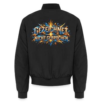 Gezeichnet. Nicht gebrochen. – Stärke trotz Narben - Unisex Bomberjacke - Schwarz - Hinten - AI Model Male 185 light (185cm)
