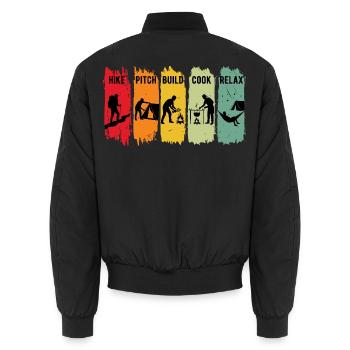 Retro Camping Steps Wanderung Pitch Camp Bushcraft - Unisex Bomberjacke - Schwarz - Hinten - AI Model Male 185 light (185cm)