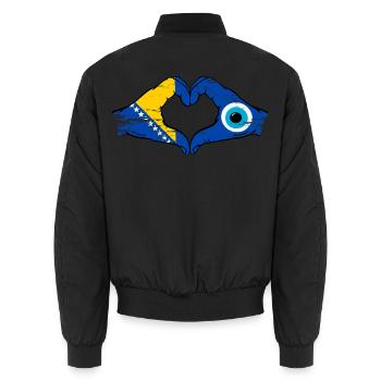 Bosnia Nazar flag hands heart shape used - Unisex Bomber Jacket - black - Back - AI Model Male 185 light (185cm)