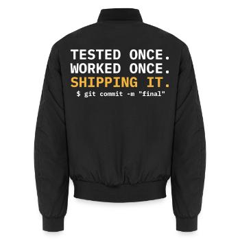 Einmal getestet, beim Versand funktionierte es - Unisex Bomberjacke - Schwarz - Hinten - AI Model Male 185 light (185cm)